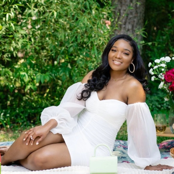 White Off-Shoulder Ruched Mini Dress, Perfect for Bridal Shower or Bachelorette! - Picture 4 of 4